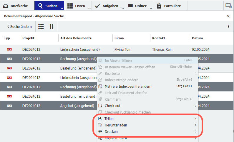 Funktionen im Kontextmenue